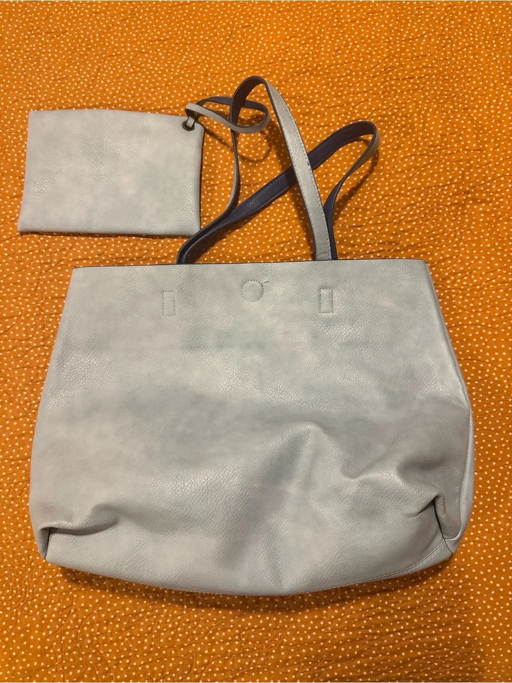 Under One Sky Blue/Light Blue Vegan Leather Reversible Tote with Matching Pouch